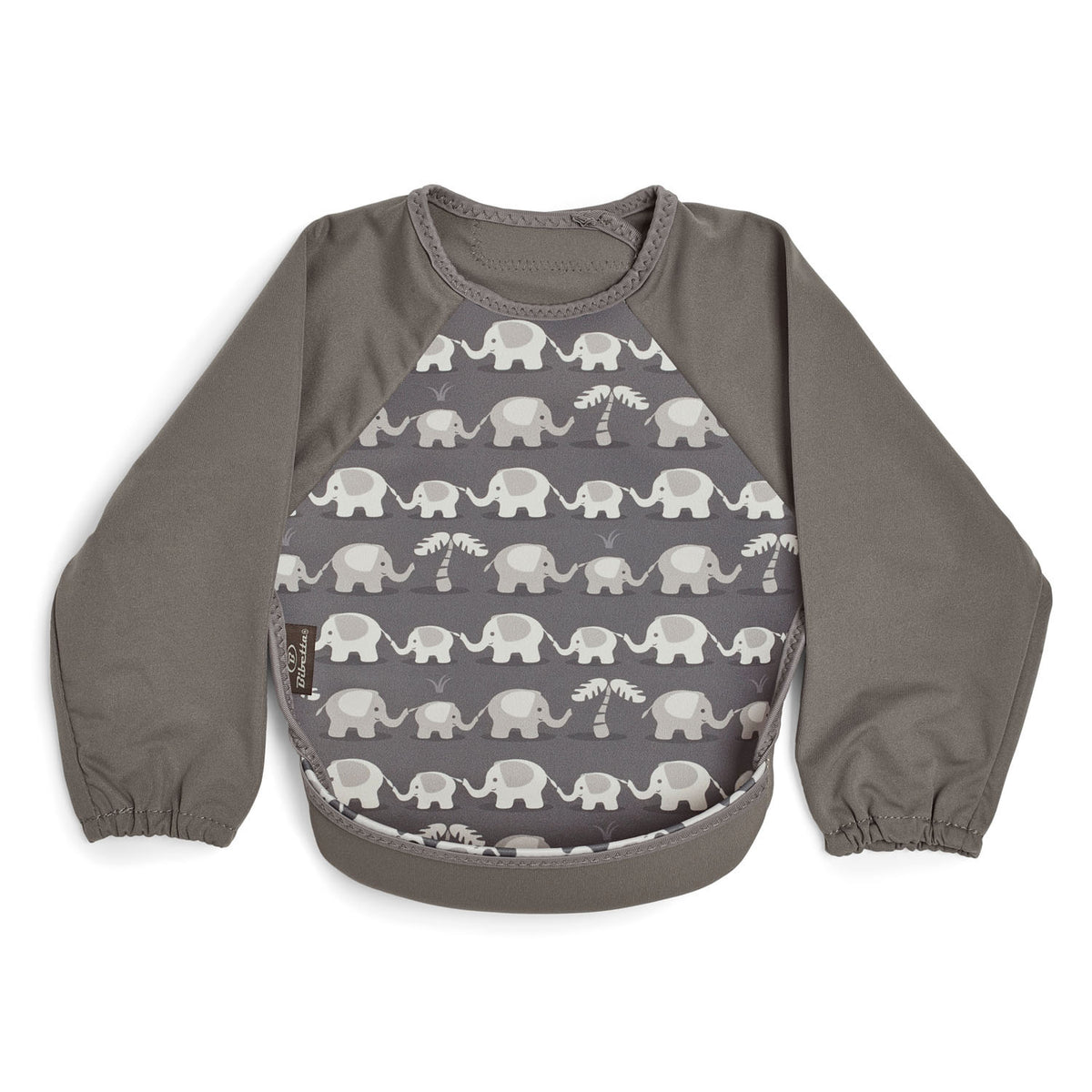 Bibetta grey baby bib with sleeves with elephants pattern, made of neoprene material,with the pocket flipped out to the front