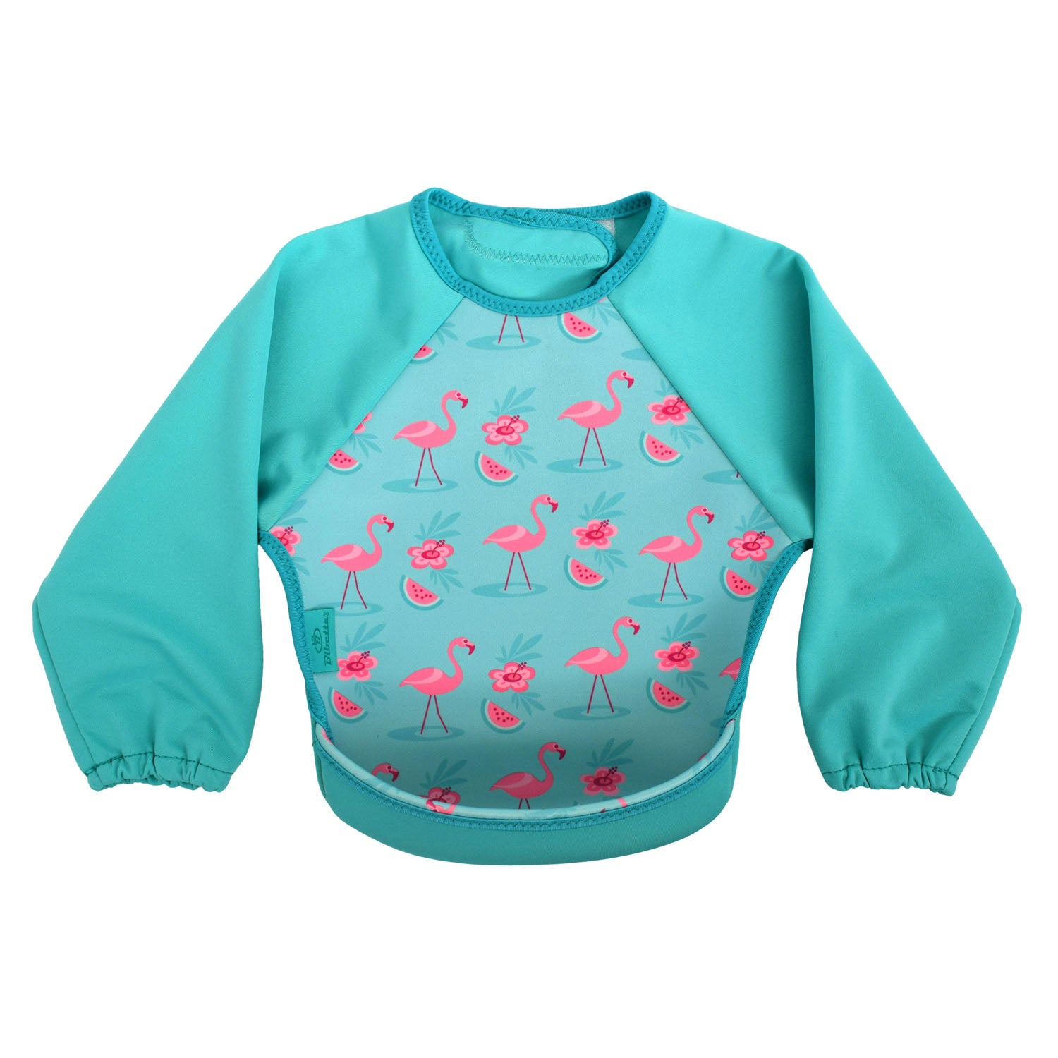 Bibetta turquoise green baby bib with sleeves with pink flamingos pattern, made of neoprene material, with the pocket flipped out to the front