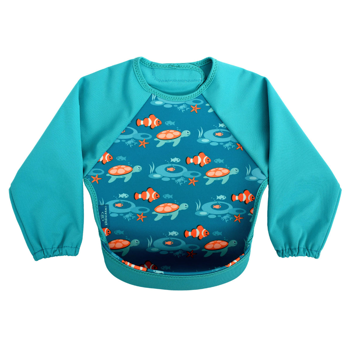 Bibetta turquoise blue baby bib with sleeves with orange fishes and turtles pattern, made of neoprene material, with the pocket flipped out to the front