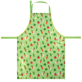 a bibetta wipeezee adult apron in green bunny and veg pattern laid flat . It has green neck strap and waist straps.