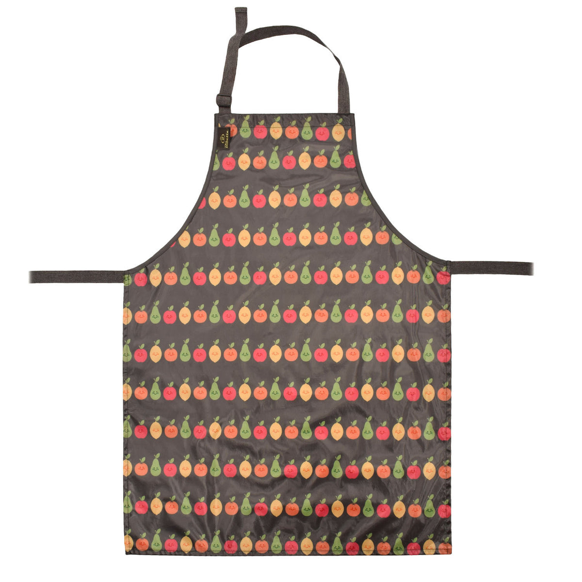 a bibetta wipeezee adult apron in grey happy fruit pattern laid flat . It has grey neck strap and waist straps.