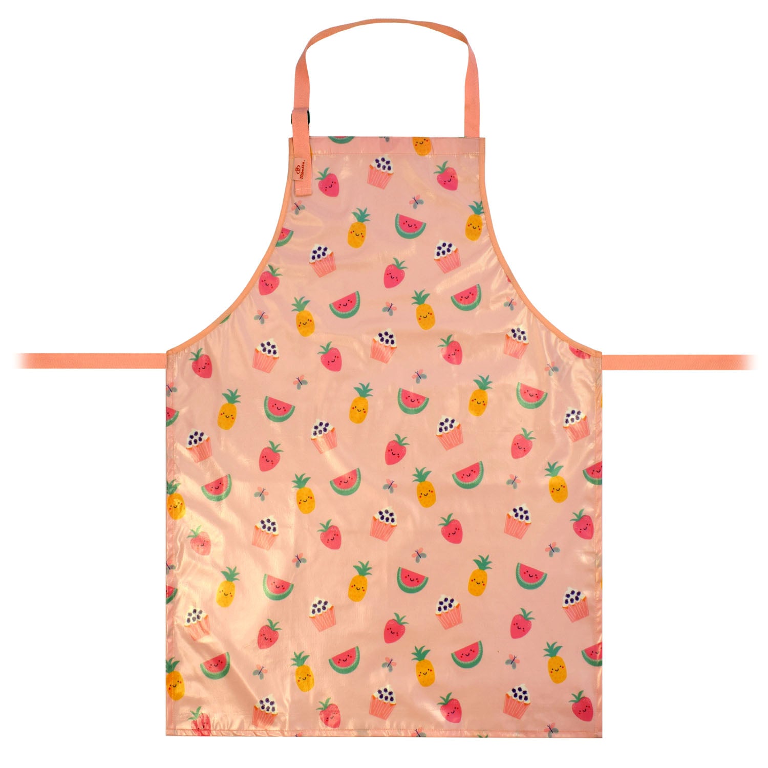 a bibetta wipeezee adult apron in pink yummy treats pattern laid flat . It has pink neck strap and waist straps.