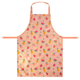 a bibetta wipeezee adult apron in pink yummy treats pattern laid flat . It has pink neck strap and waist straps.