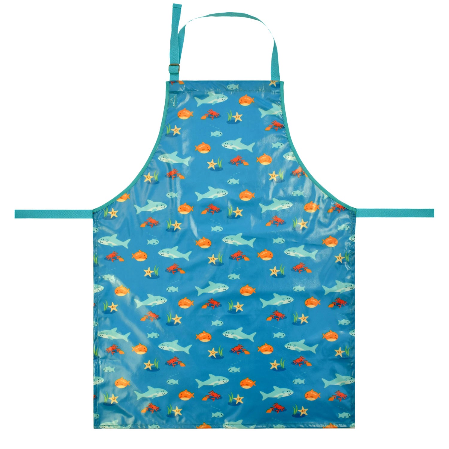 a bibetta wipeezee adult apron in turquoise sea creatures pattern laid flat . It has blue neck strap and waist straps.