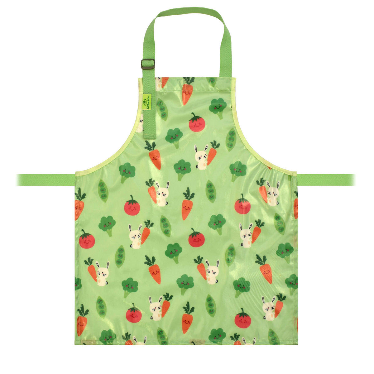 a bibetta wipeezee childs apron in green bunny and veg pattern laid flat . It has green neck strap and waist straps.