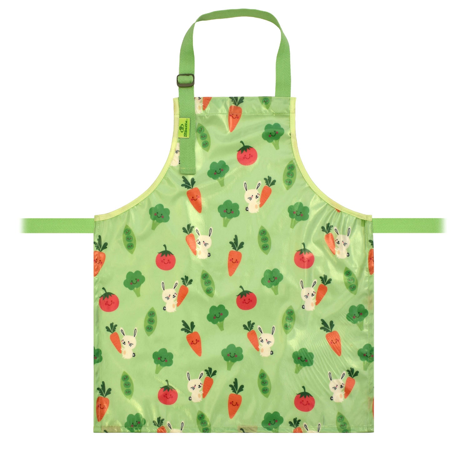 a bibetta wipeezee childs apron in green bunny and veg pattern laid flat . It has green neck strap and waist straps.