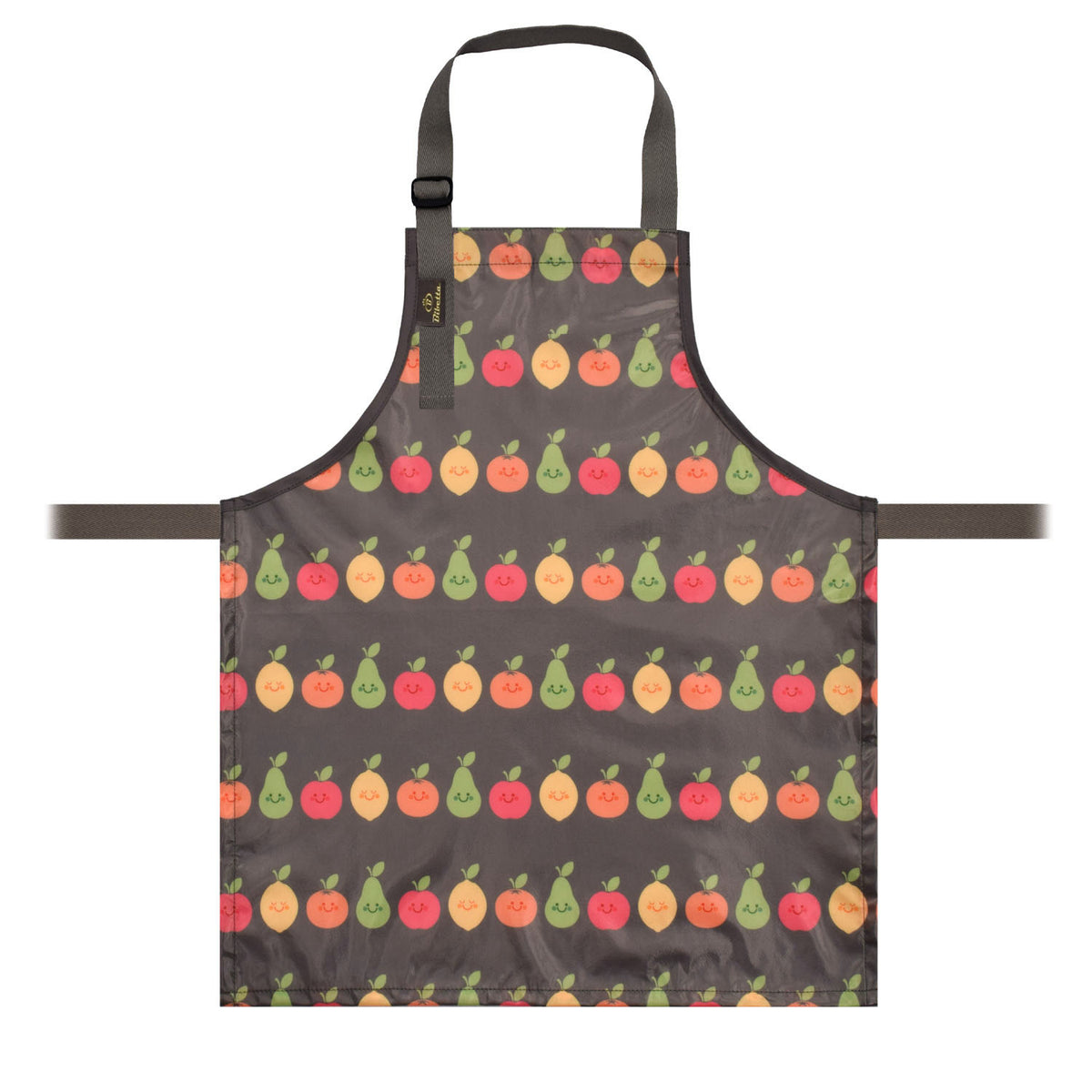 a bibetta wipeezee childs  apron in grey happy fruit pattern laid flat . It has grey neck strap and waist straps.