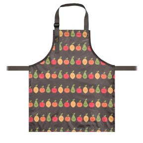 a bibetta wipeezee childs  apron in grey happy fruit pattern laid flat . It has grey neck strap and waist straps.