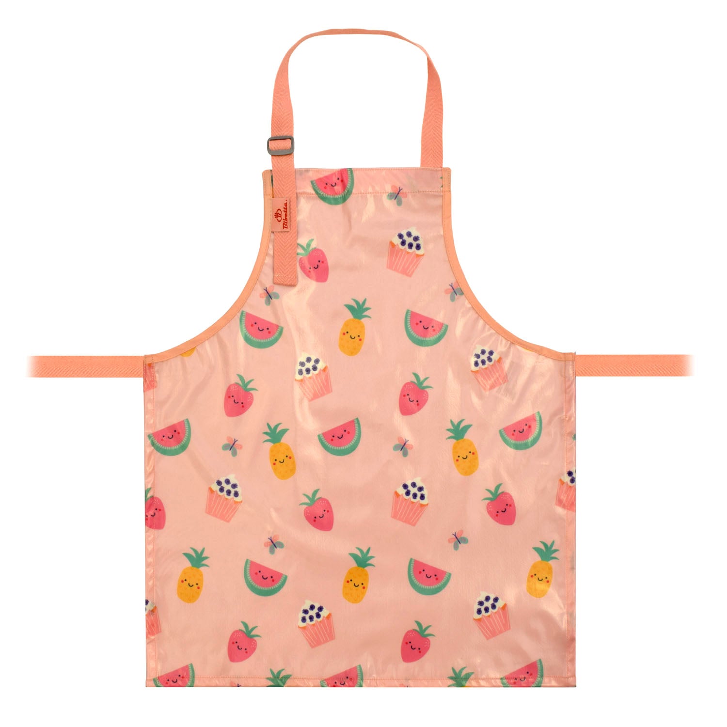 a bibetta wipeezee childs apron in pink yummy treats pattern laid flat . It has pink neck strap and waist straps.