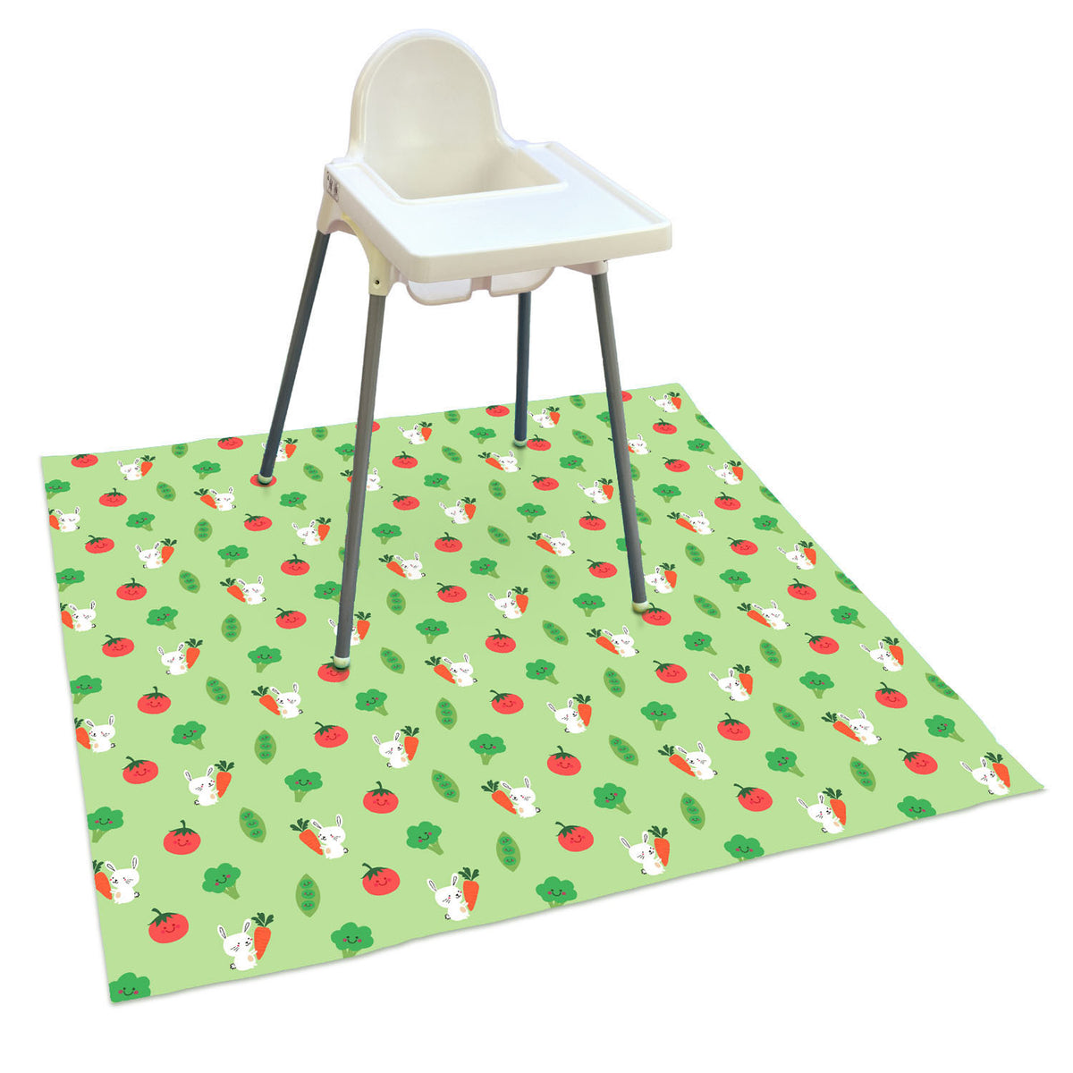 Bibetta wipeezee splash mat in green bunny and veg pattern laid on the floor with a white ikea highchair on it.