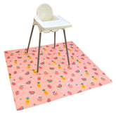 Bibetta wipeezee splash mat in pink yummy treats pattern laid on the floor with a white ikea highchair on it.