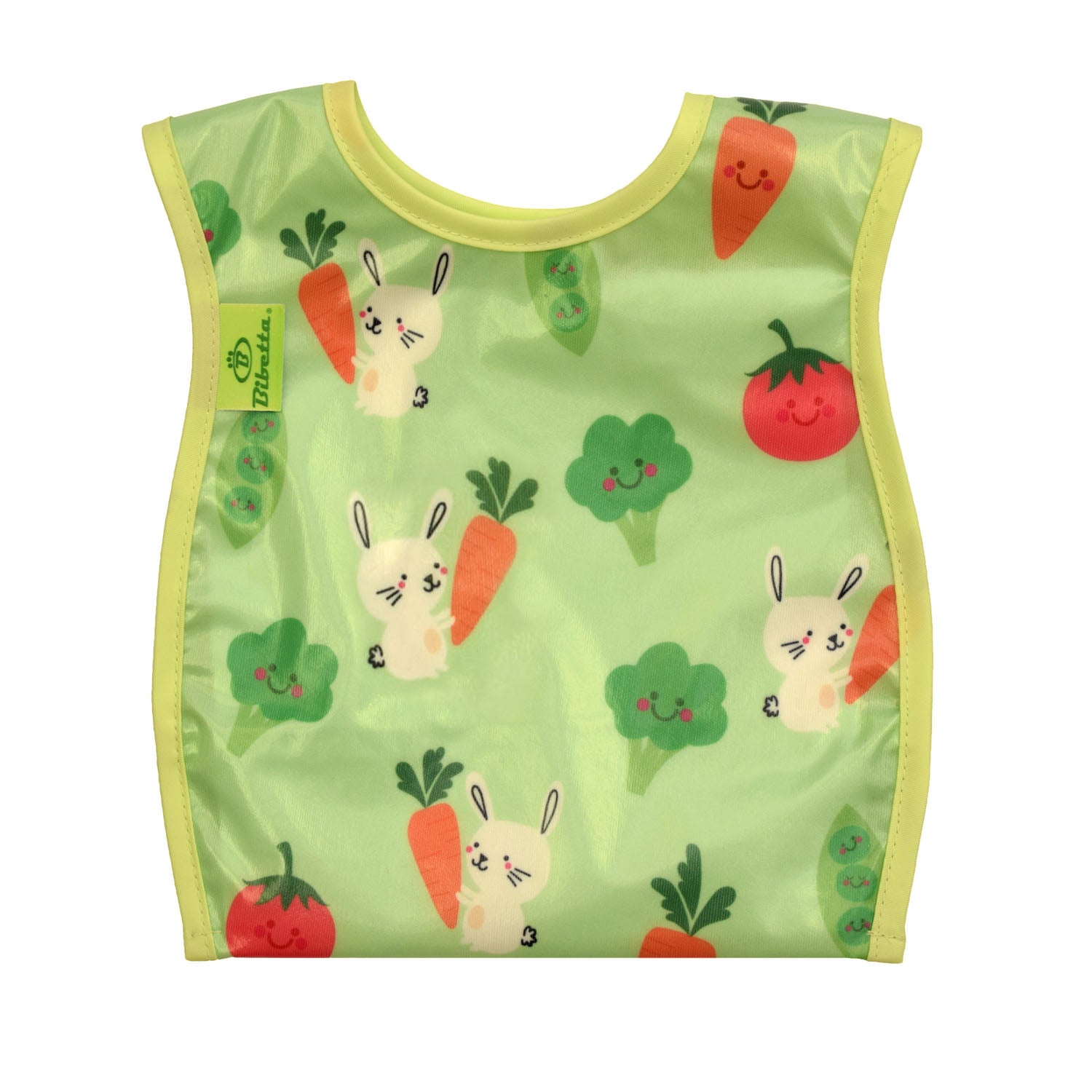 Bibetta wipeezee weaning bib in green bunny and veg pattern with the pocket folded to the back.