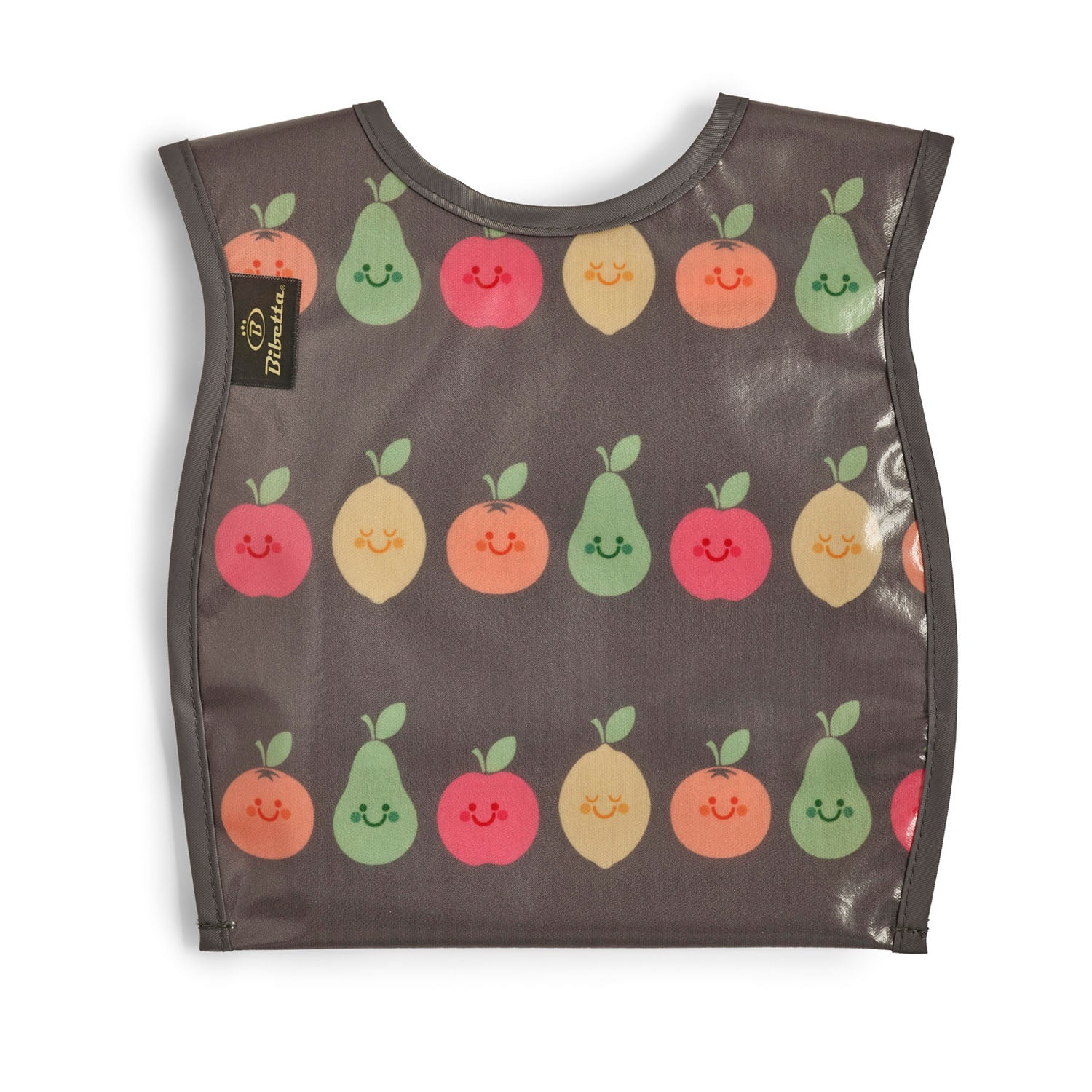 Bibetta wipeezee weaning bib in grey happy fruit pattern with the pocket folded to the back.