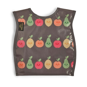 Bibetta wipeezee weaning bib in grey happy fruit pattern with the pocket folded to the back.