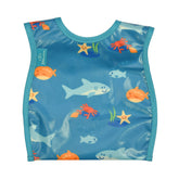 Bibetta wipeezee weaning bib in turquoise sea creatures pattern with the pocket folded to the back.