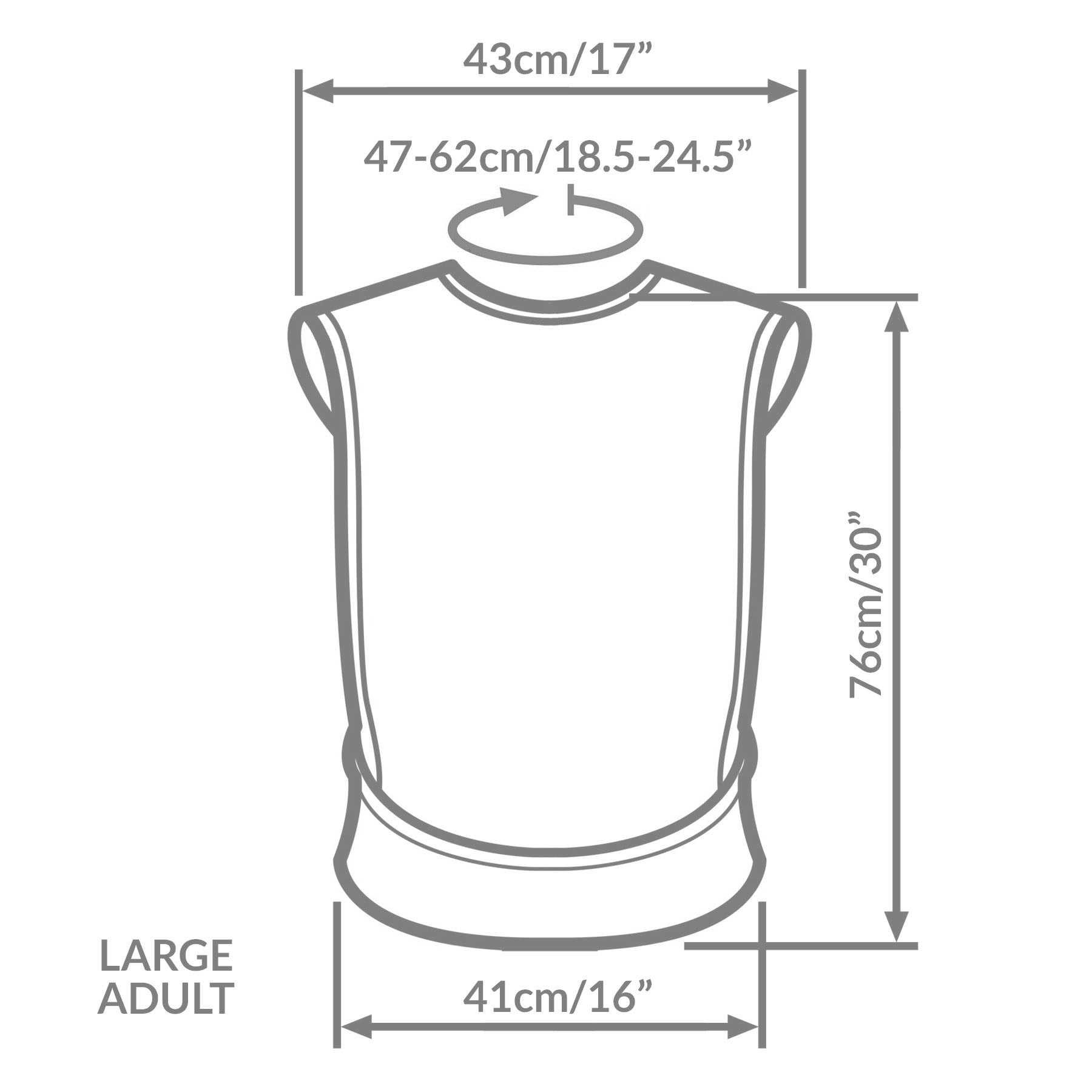 Measurement chart for a Care Designs large tabard bib with dimensions labeled
