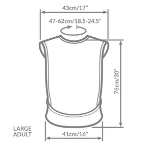 Measurement chart for a Care Designs large tabard bib with dimensions labeled