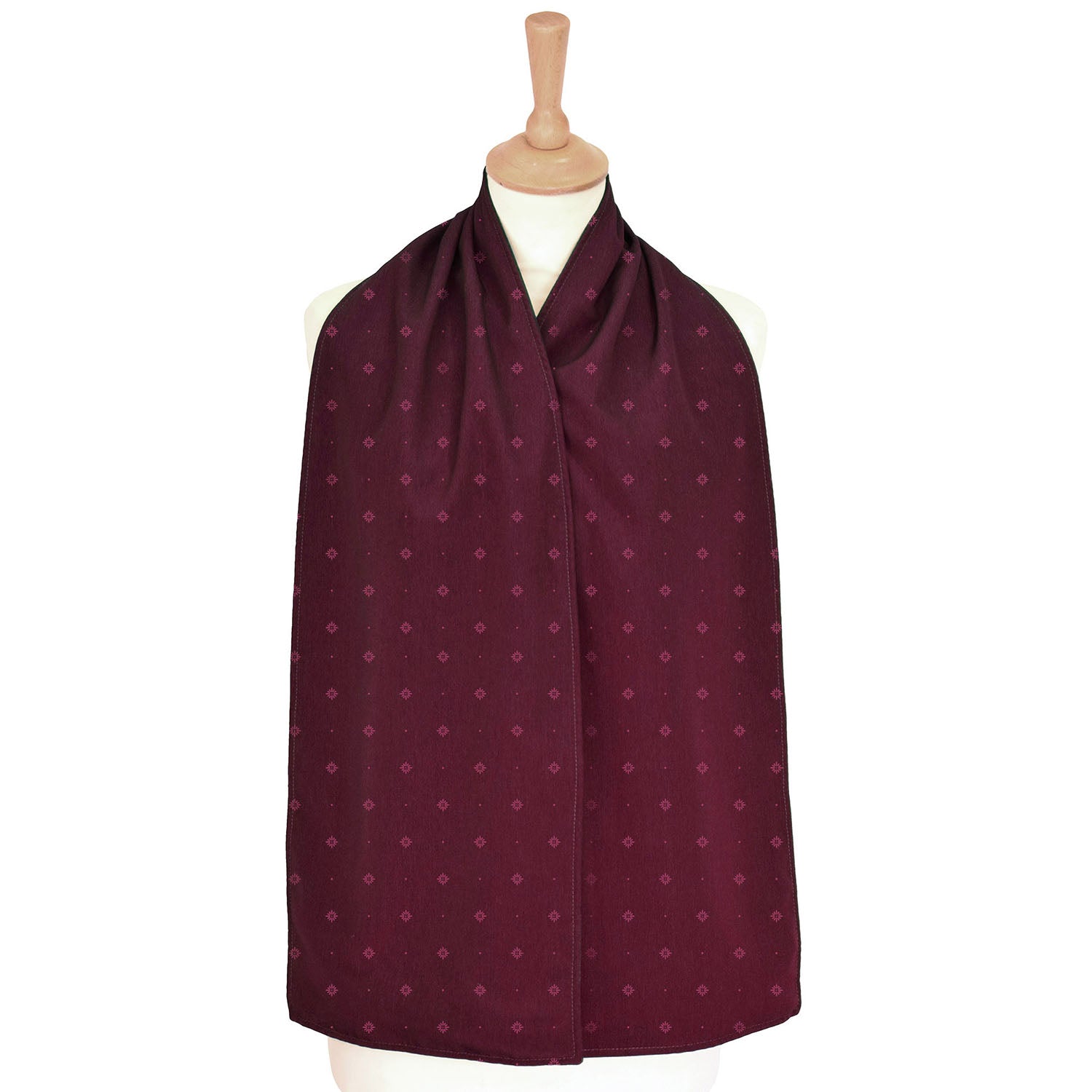 Burgundy straight scarf clothing protector with a subtle pattern on a mannequin against a white background