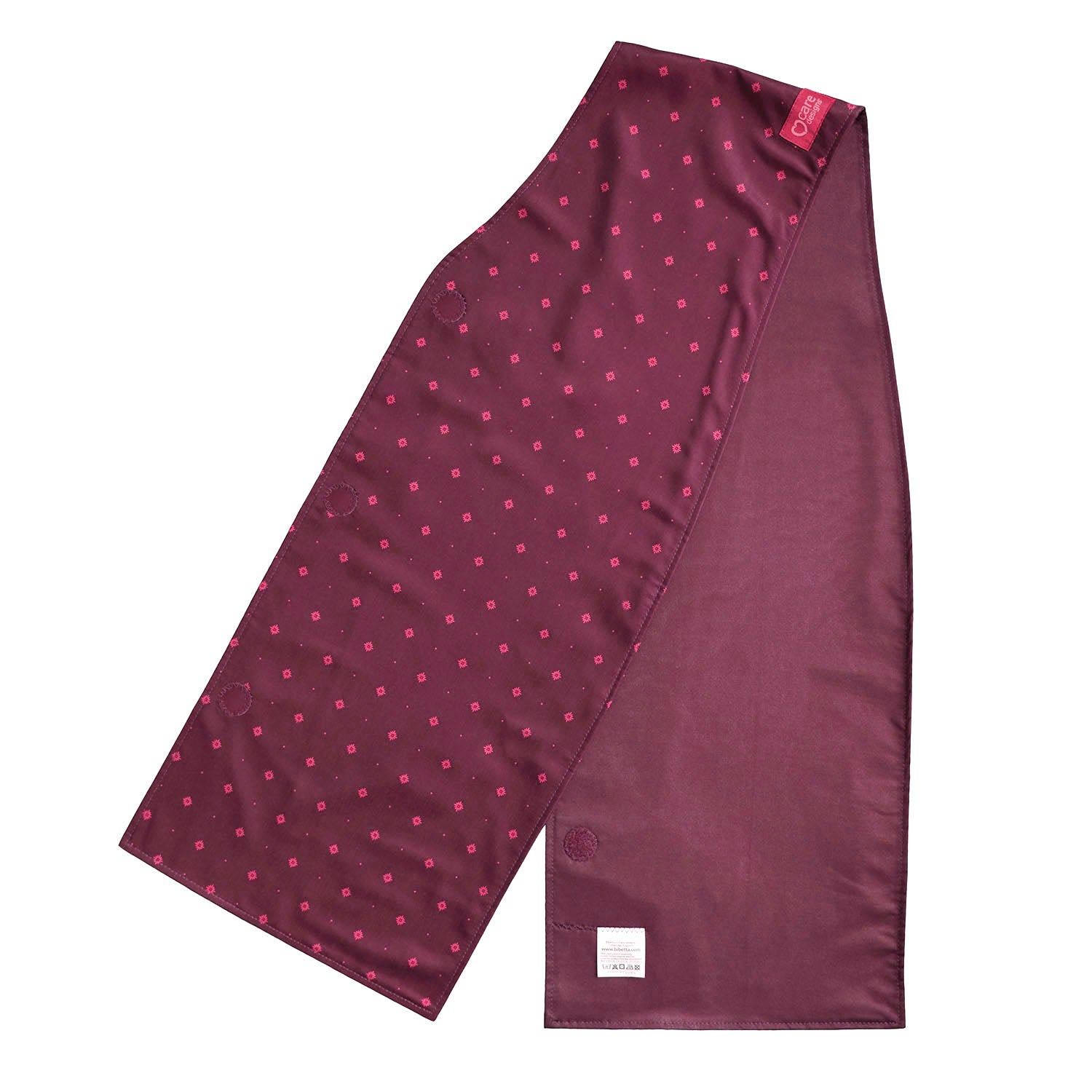 burgundy straight scarf clothing protector with small white polka dots on a white background, showing the top and bottom material.