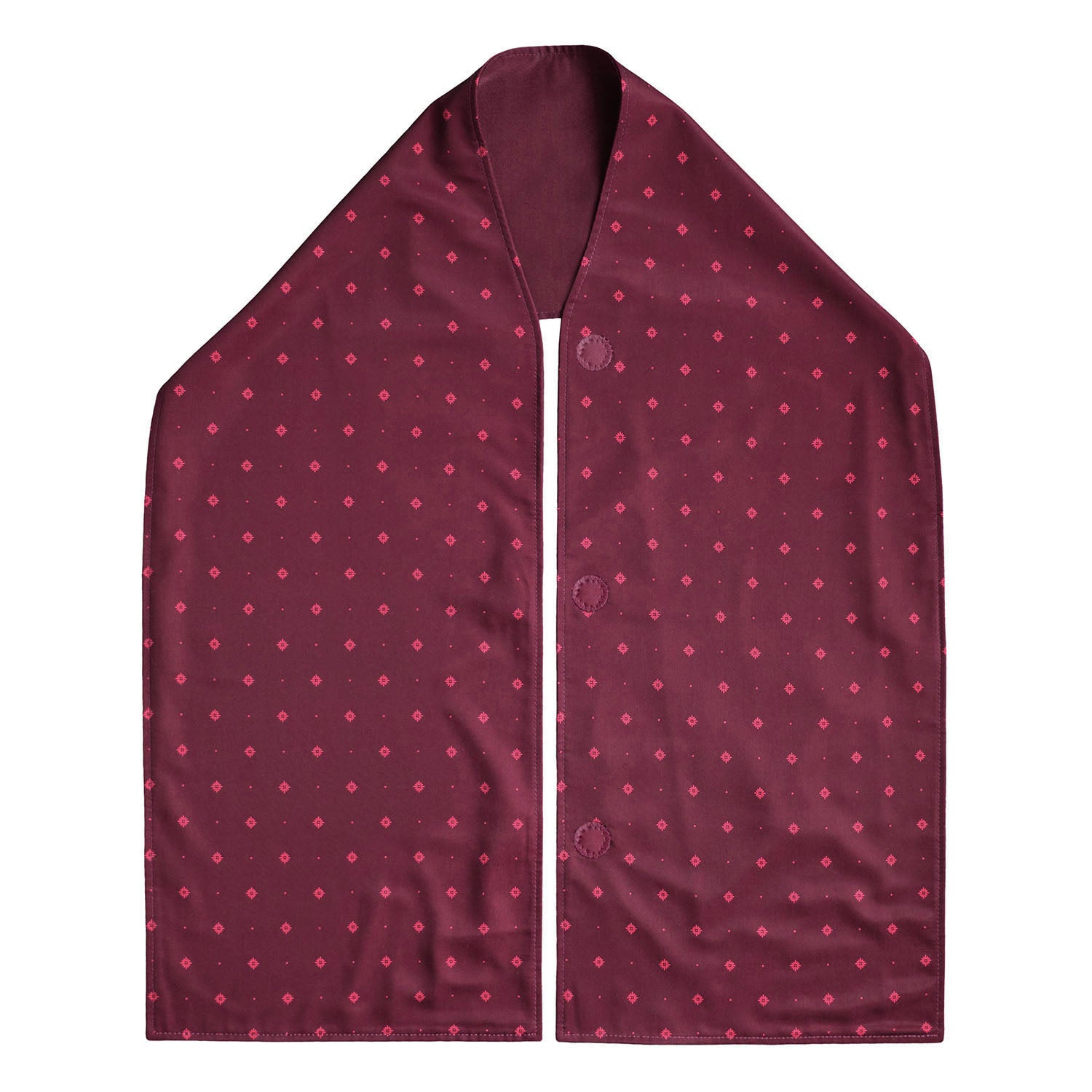 Burgundy straight scarf clothing protector with small white polka dots on a white background