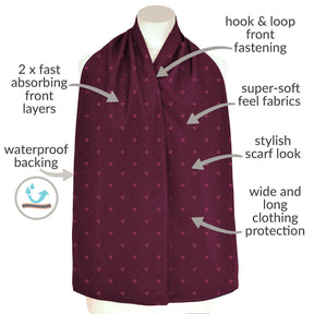 Burgundy straight scarf clothing protector with features labeled on a white background
