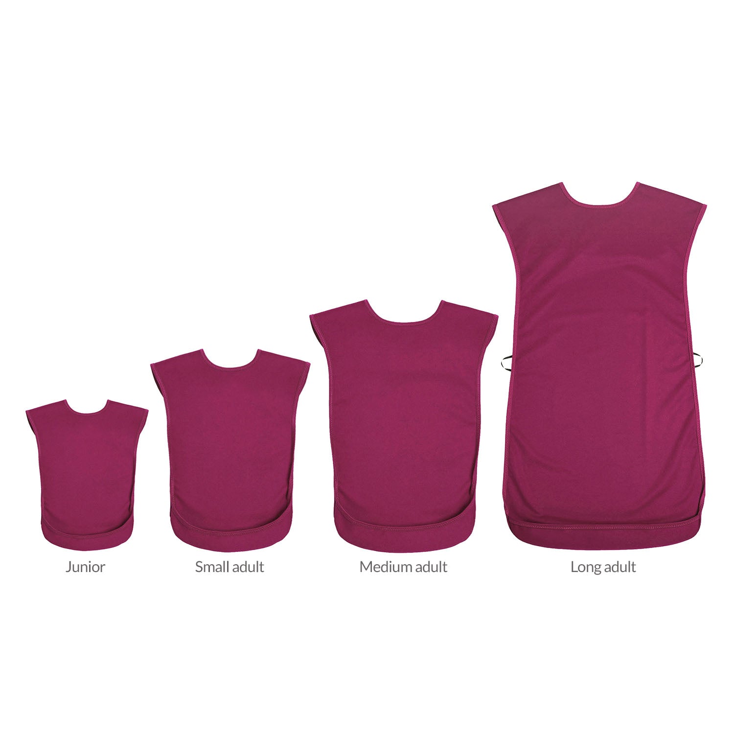 Four burgundy sleeveless bibs shown in size order from Junior to Long adult on a white background, with size labels underneath each bib.