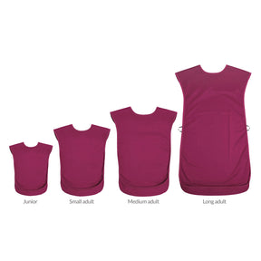 Four burgundy sleeveless bibs shown in size order from Junior to Long adult on a white background, with size labels underneath each bib.
