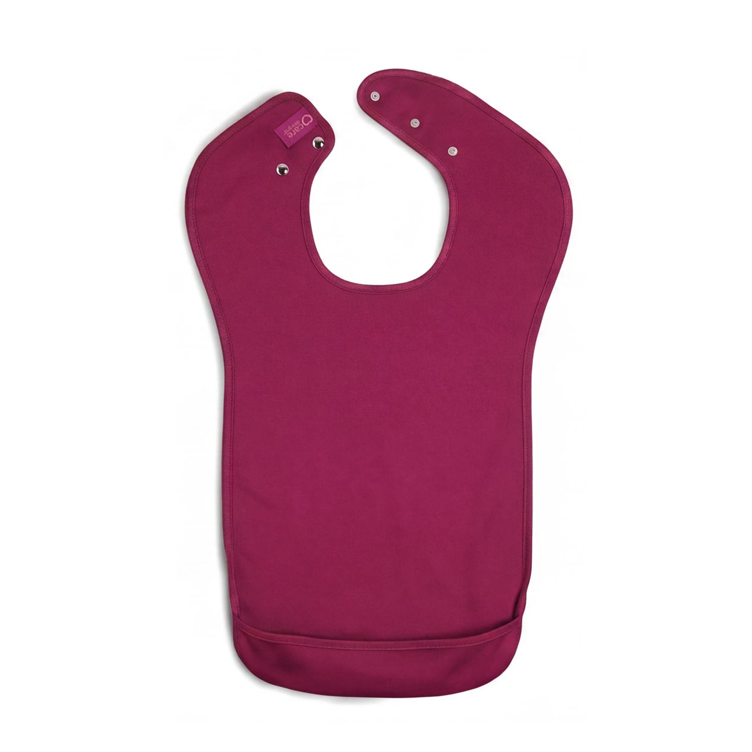 Front view of Tabard style adult bib - Small Burgundy by Care Designs showing back of neck poppers