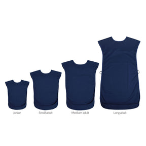 Four navy Care Designs tabard bibs shown in size order from Junior to Long adult on a white background, with size labels underneath each bib.