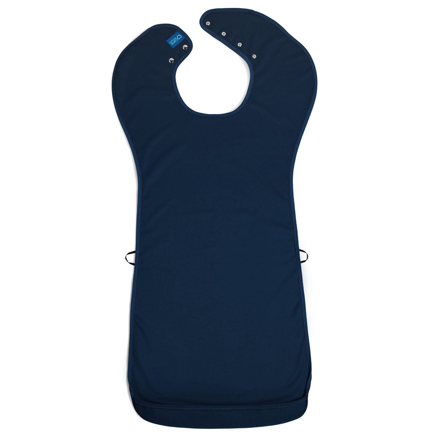 A large navy Care Designs tabard bib with adjustable snap closures at the collar, shown flat against a plain white background.