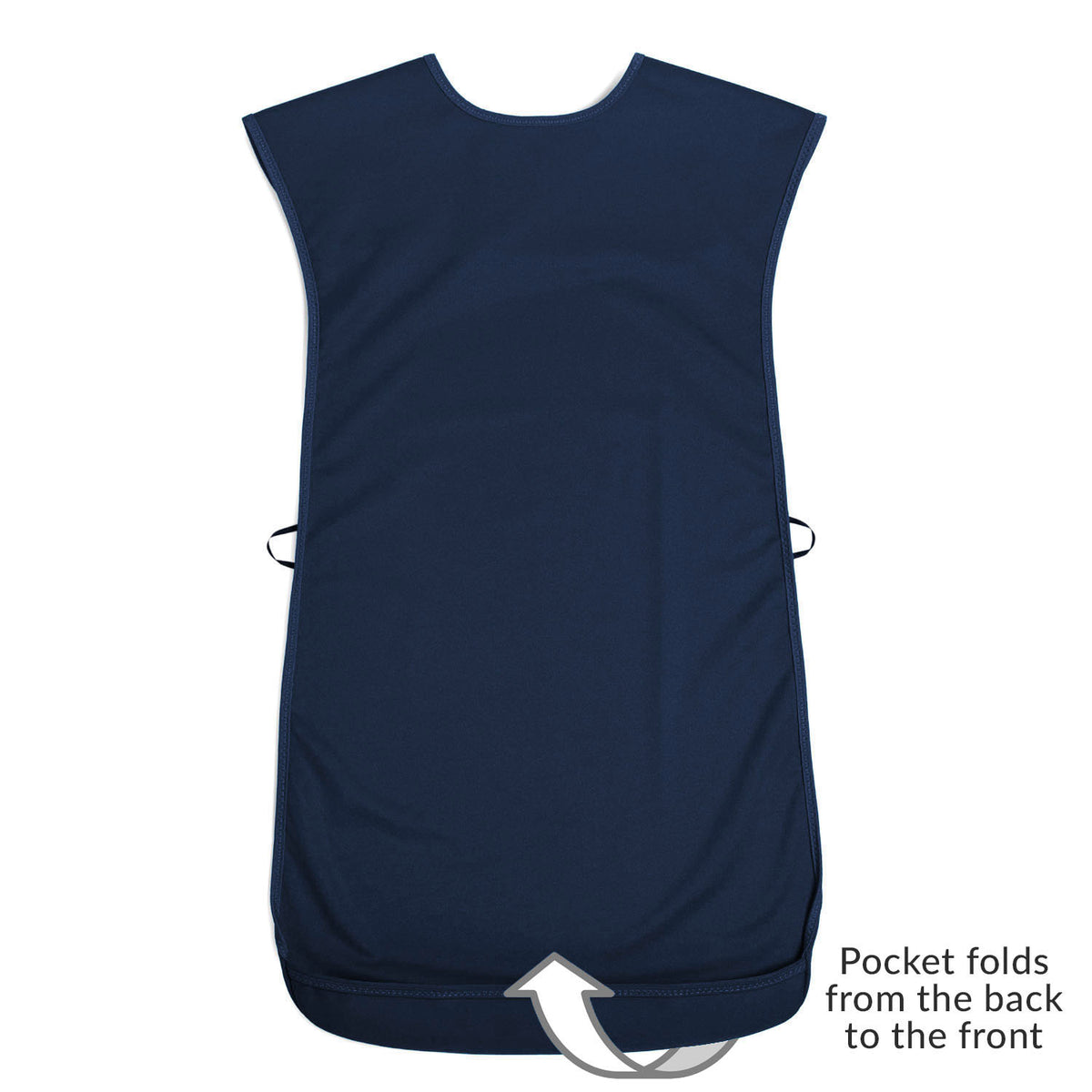 A large navy Care Designs tabard bib shown flat against a white background, with a text label at the bottom right reading 'Pocket folds from the back to the front' and a curved arrow indicating a back pocket fold.