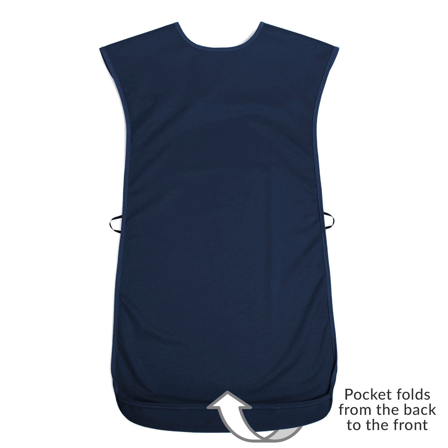 A large navy Care Designs tabard bib shown flat against a white background, with a text label at the bottom right reading 'Pocket folds from the back to the front' and a curved arrow indicating a back pocket fold.