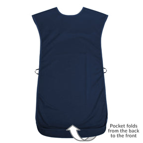 A large navy Care Designs tabard bib shown flat against a white background, with a text label at the bottom right reading 'Pocket folds from the back to the front' and a curved arrow indicating a back pocket fold.