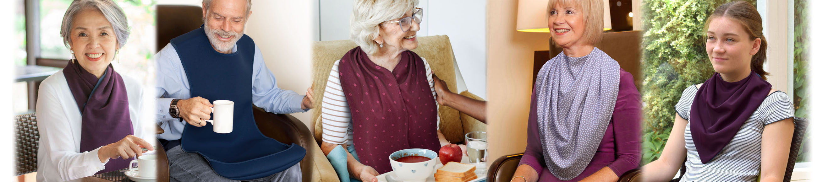 Three elderly women, one gentlemen and one young woman wearing a variety of Care Designs adult bibs in a row of indoor and outdoor settings.