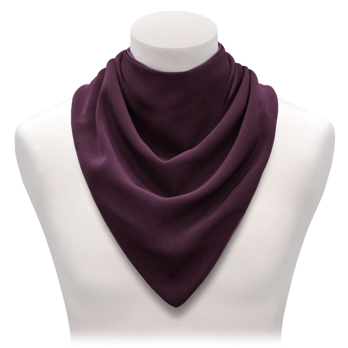 Aubergine long neckerchief bib on a mannequin bust against a white background