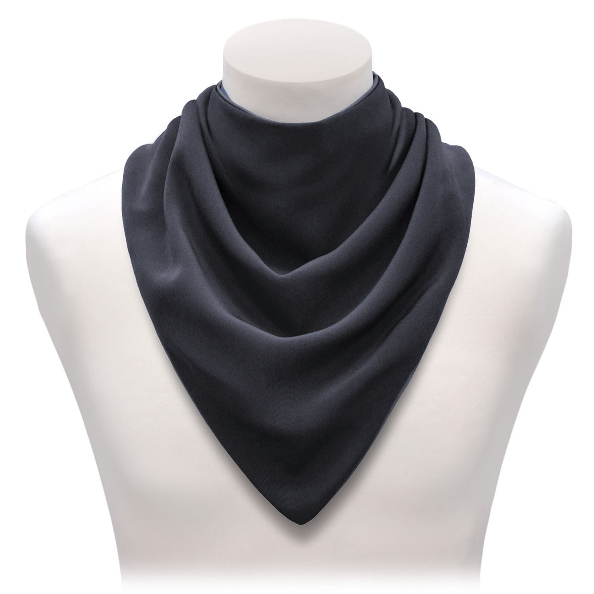 Long black neckerchief bib on a mannequin bust against a white background