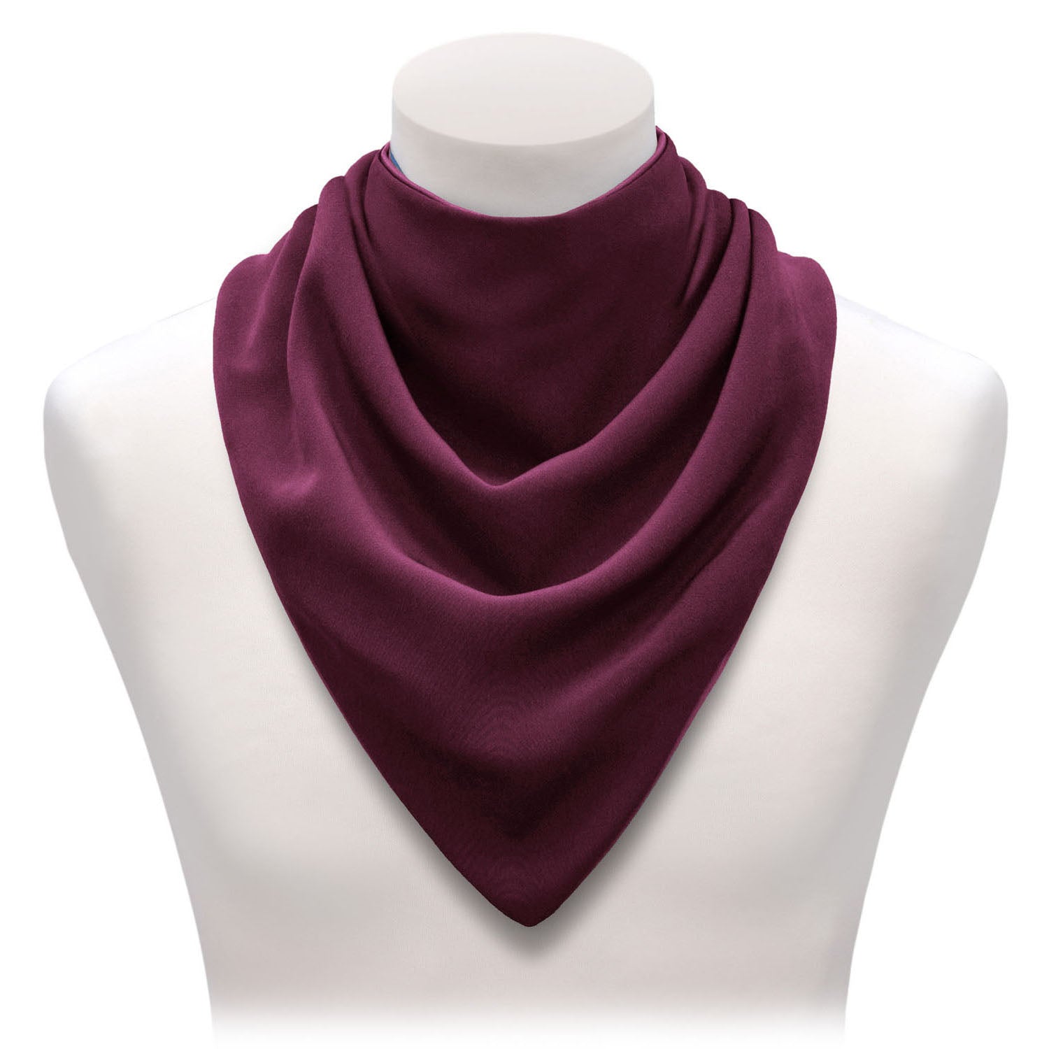 Long burgundy neckerchief bib on a mannequin with a white background