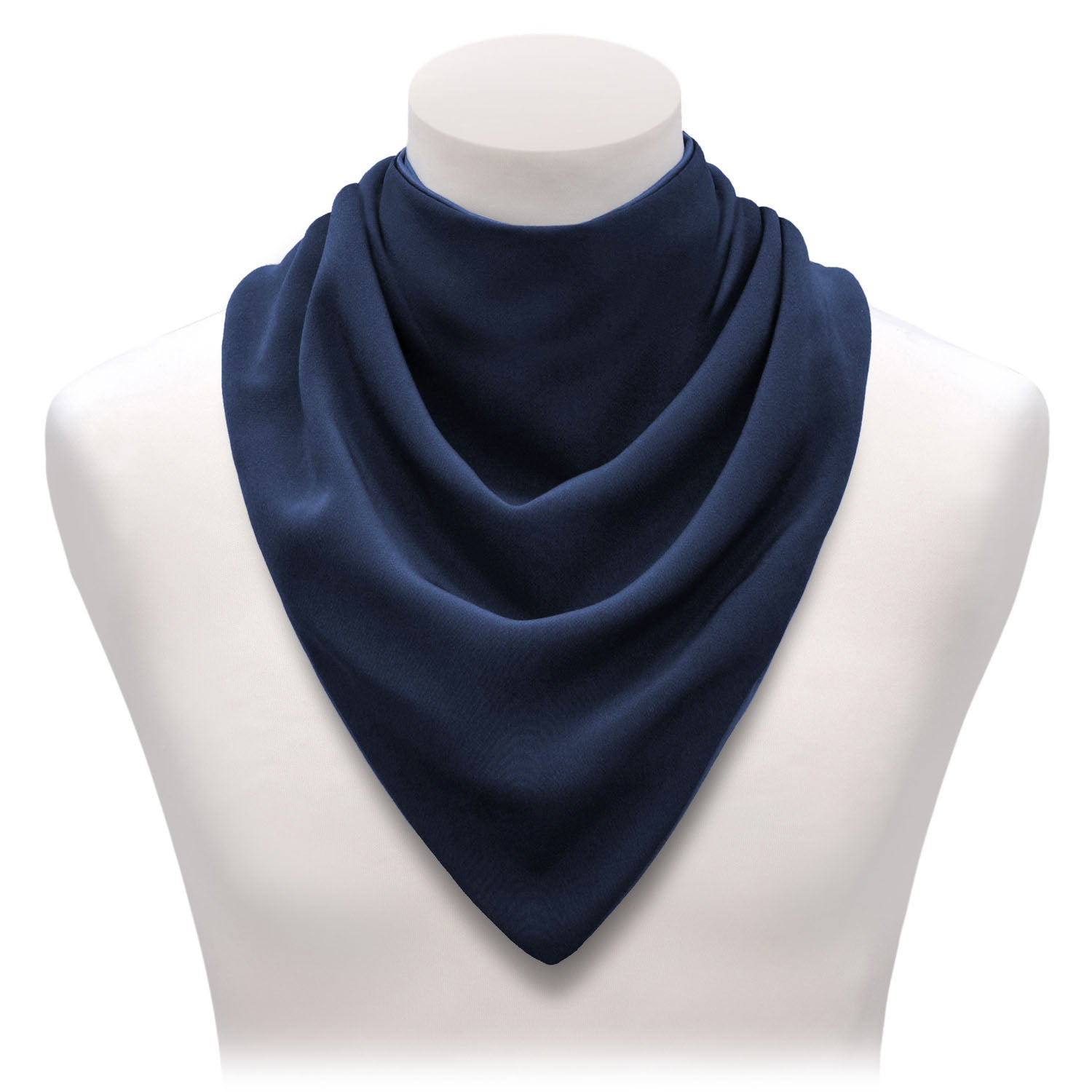 Navy blue long neckerchief bib on a mannequin with a white background