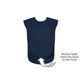 Care Designs Navy junior tabard bib with a pocket folde out on a white background