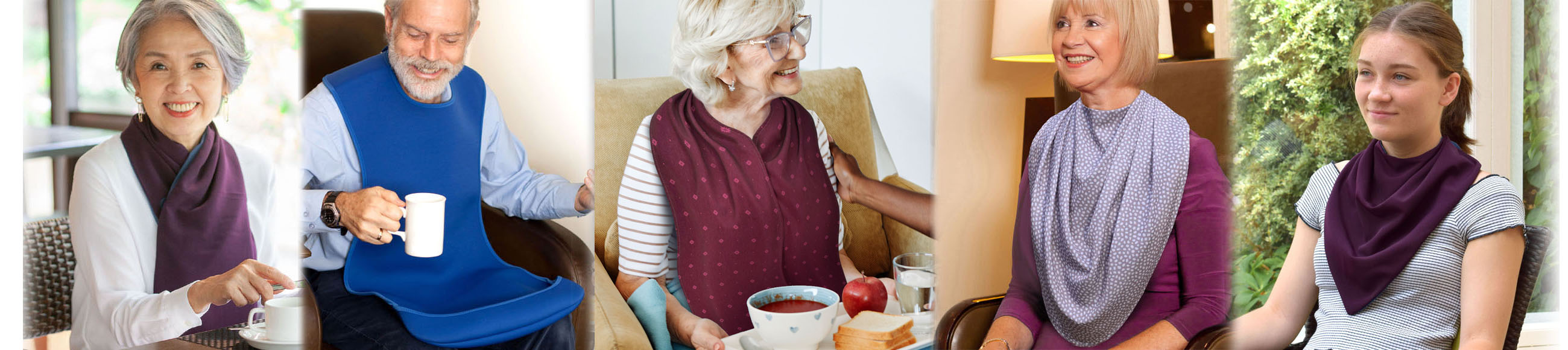 Collage of people wearing Care Designs clothing protectors in various settings