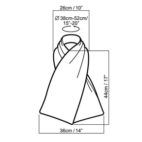 Measurement chart of a cross scarf clothing protector with dimensions labeled.