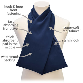 Navy blue cross scarf clothing protector on a mannequin with feature labels on a white background
