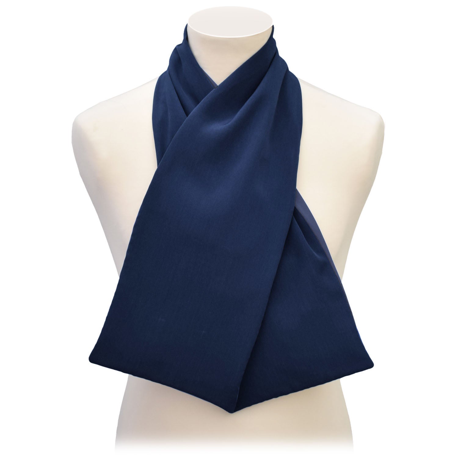 Navy blue cross scarf clothing protector on a mannequin against a white background