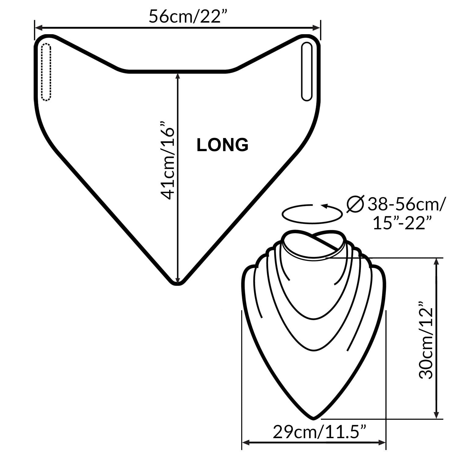 Measurement chart for a long neckerchief bib with dimensions labeled