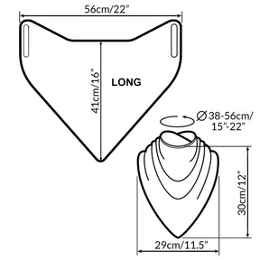 Measurement chart for a long neckerchief bib with dimensions labeled