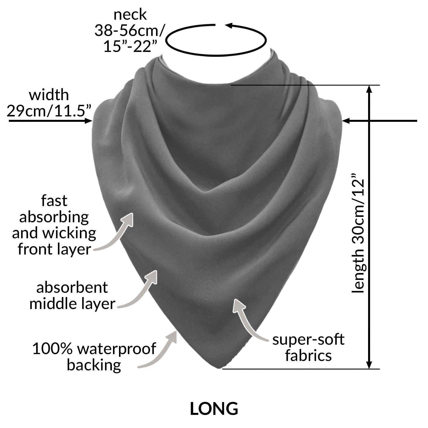Greyed out long neckerchief bib with measurements and features labeled on a white background